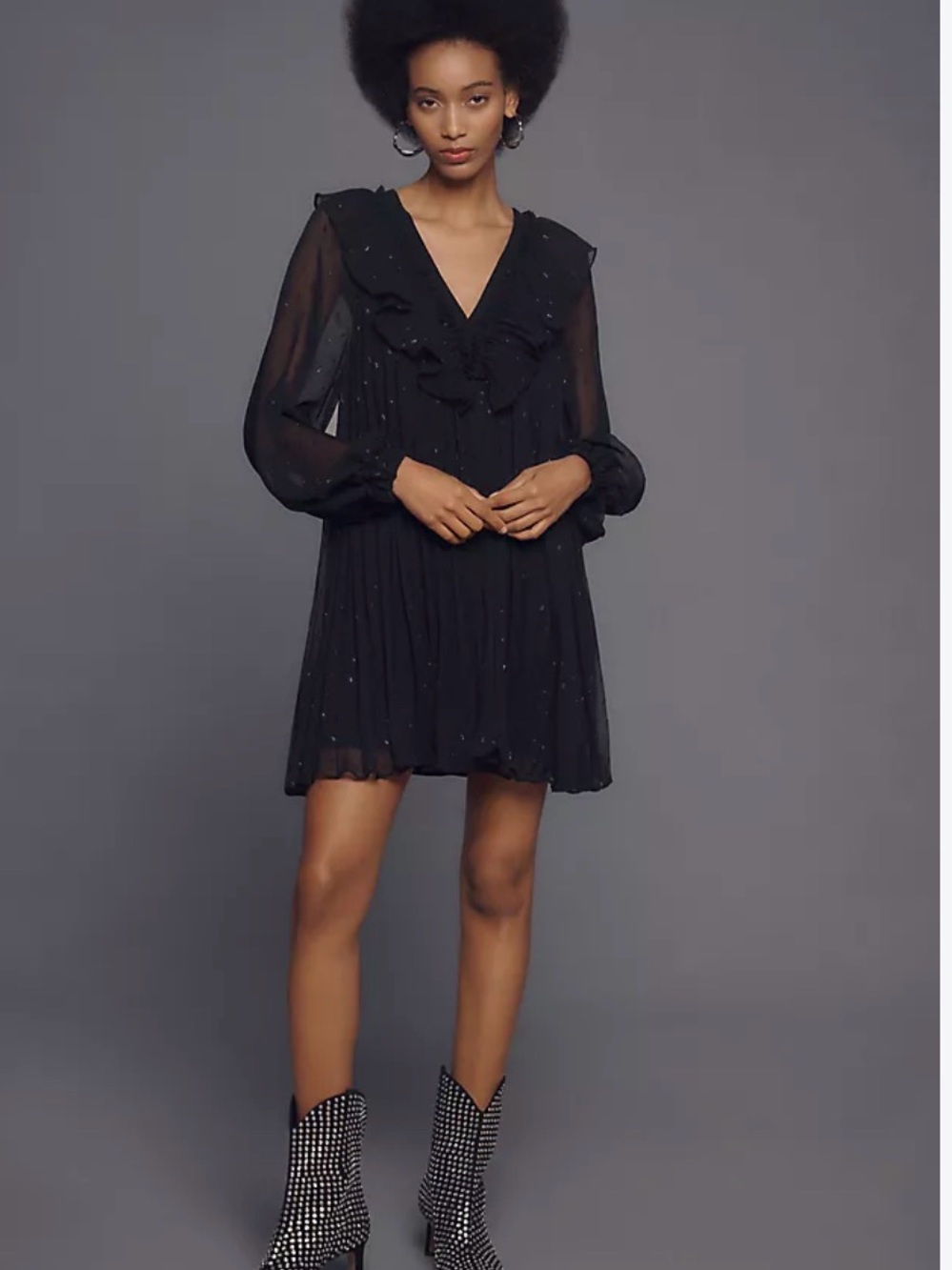 Anthropologie Black Ruffle V-Neck Long Sleeve Mini Dress